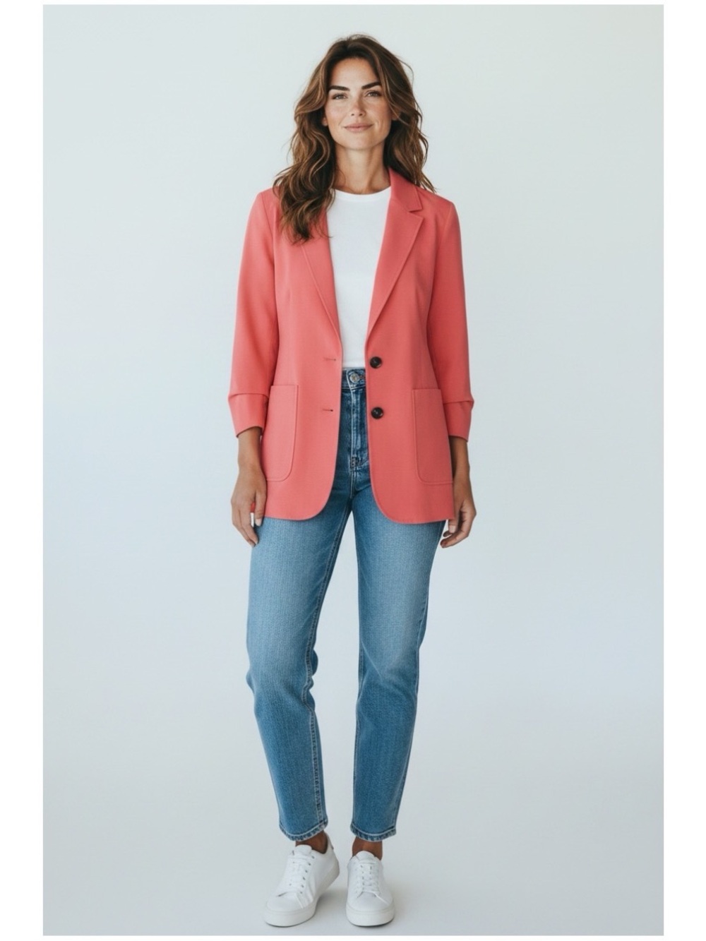 Boden Women’s Sz 4 Coral Blazer Two Button Patch Pockets Quarter Sleeve